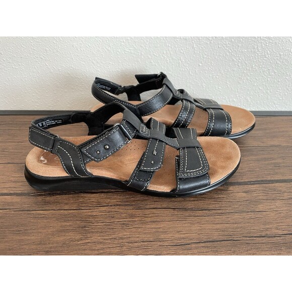 Women's Black CLARKS Leather Upper Artisan Open Toe Sandals  Size 7.5 M - Picture 1 of 6